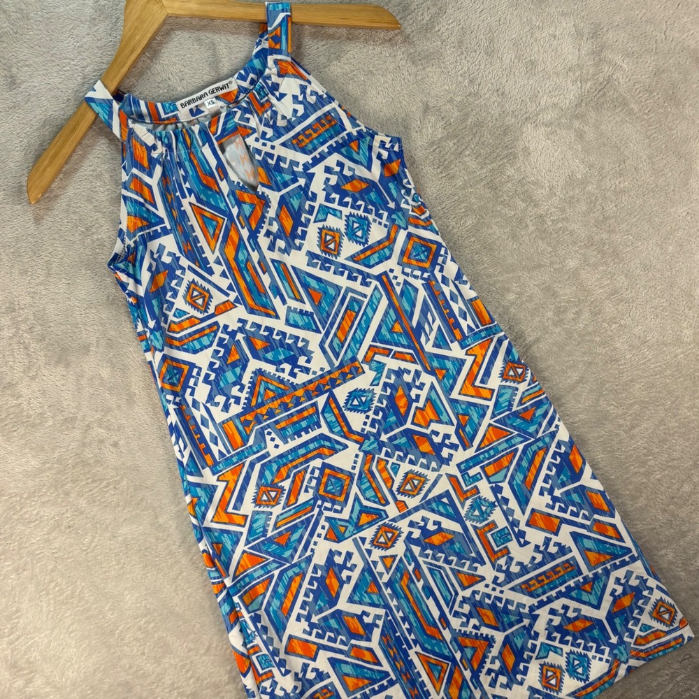 Barbara Gerwit Women's Sleeveless Aztec Print Shift Dress Blue Orange Sz‎ XS